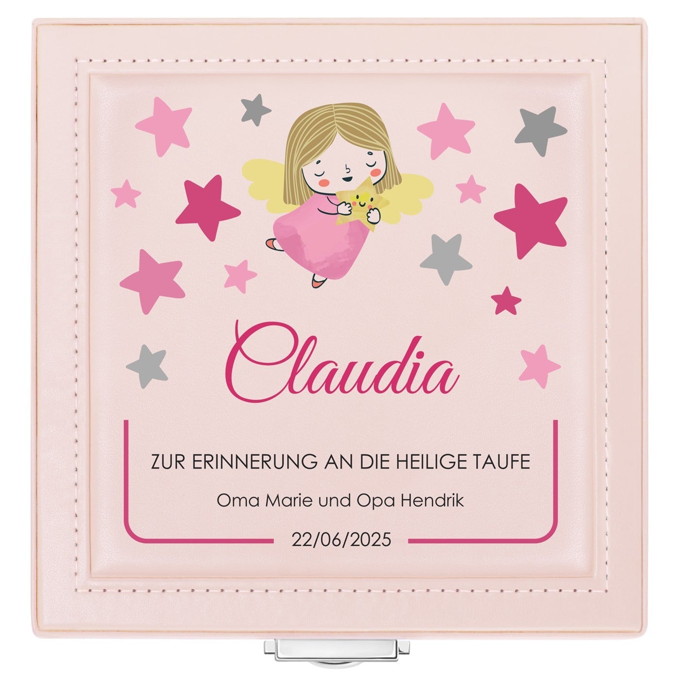 Puderrosa Schmuckkästchen mit Aufdruck für ein Mädchen zum Tauffest