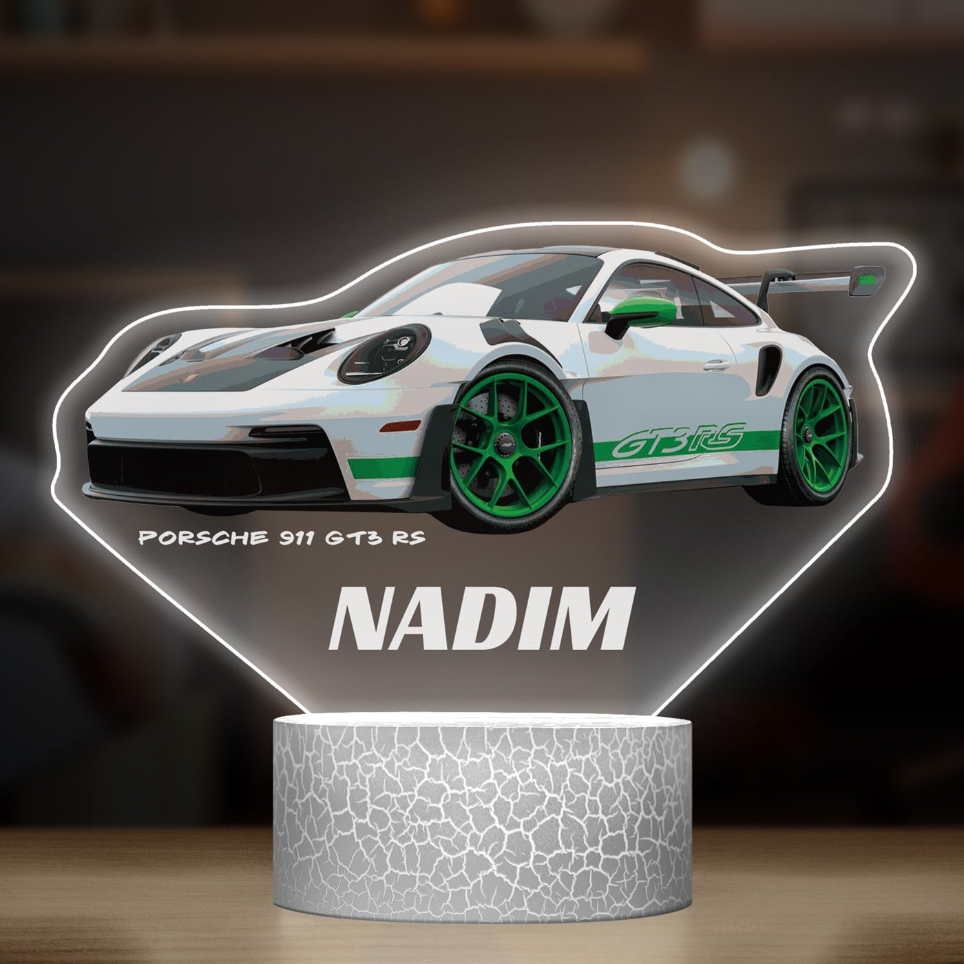 Nachtlicht mit buntem Aufdruck und LED-Sockel für einen Autofahrer Motorsportfan zum Ehrentag