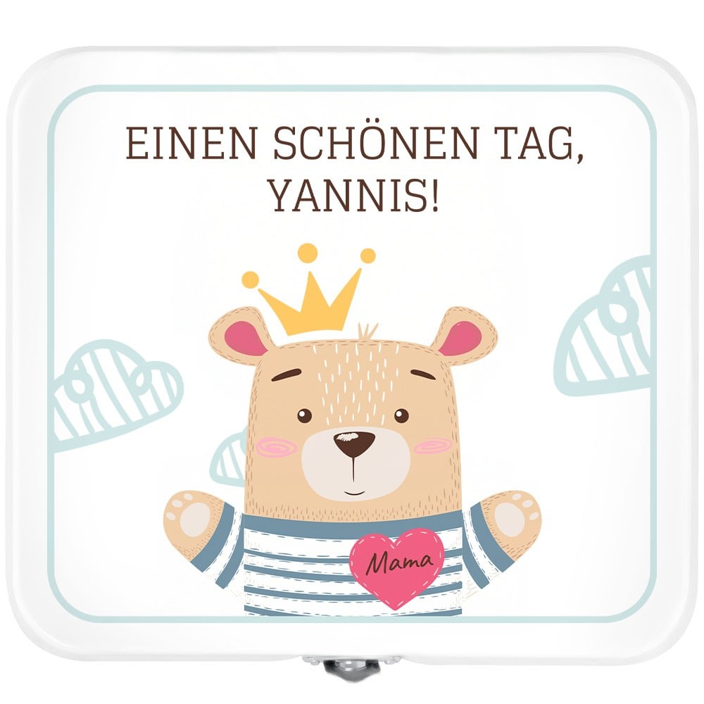 Weiße Metall-Lunchbox mit Aufdruck für einen Jungen zum Ehrentag