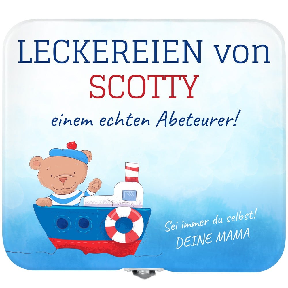 Weiße Metall-Lunchbox mit Aufdruck für einen Jungen zum Ehrentag