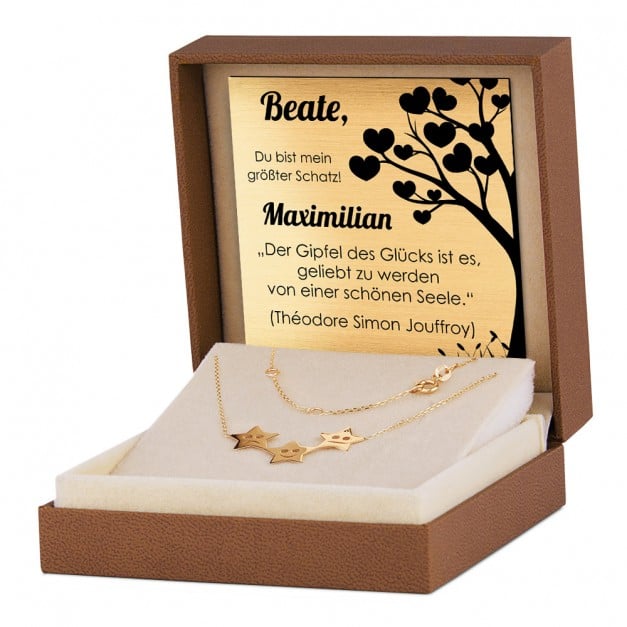 Promi Damenhalskette mit Sternanhängern aus 333er Gold in exklusiver Geschenkbox mit Gravur
