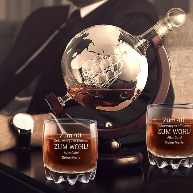 Whisky Karaffe in Globusform mit Schiff mit 2 Gläsern für ihn zum 40. Geburtstag