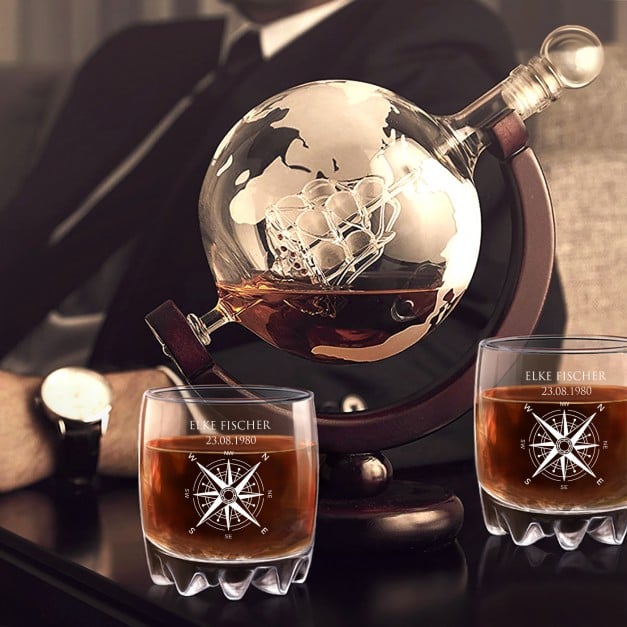 Whisky Karaffe in Globusform mit Schiff mit 2 Gläsern für eine Weltenbummlerin