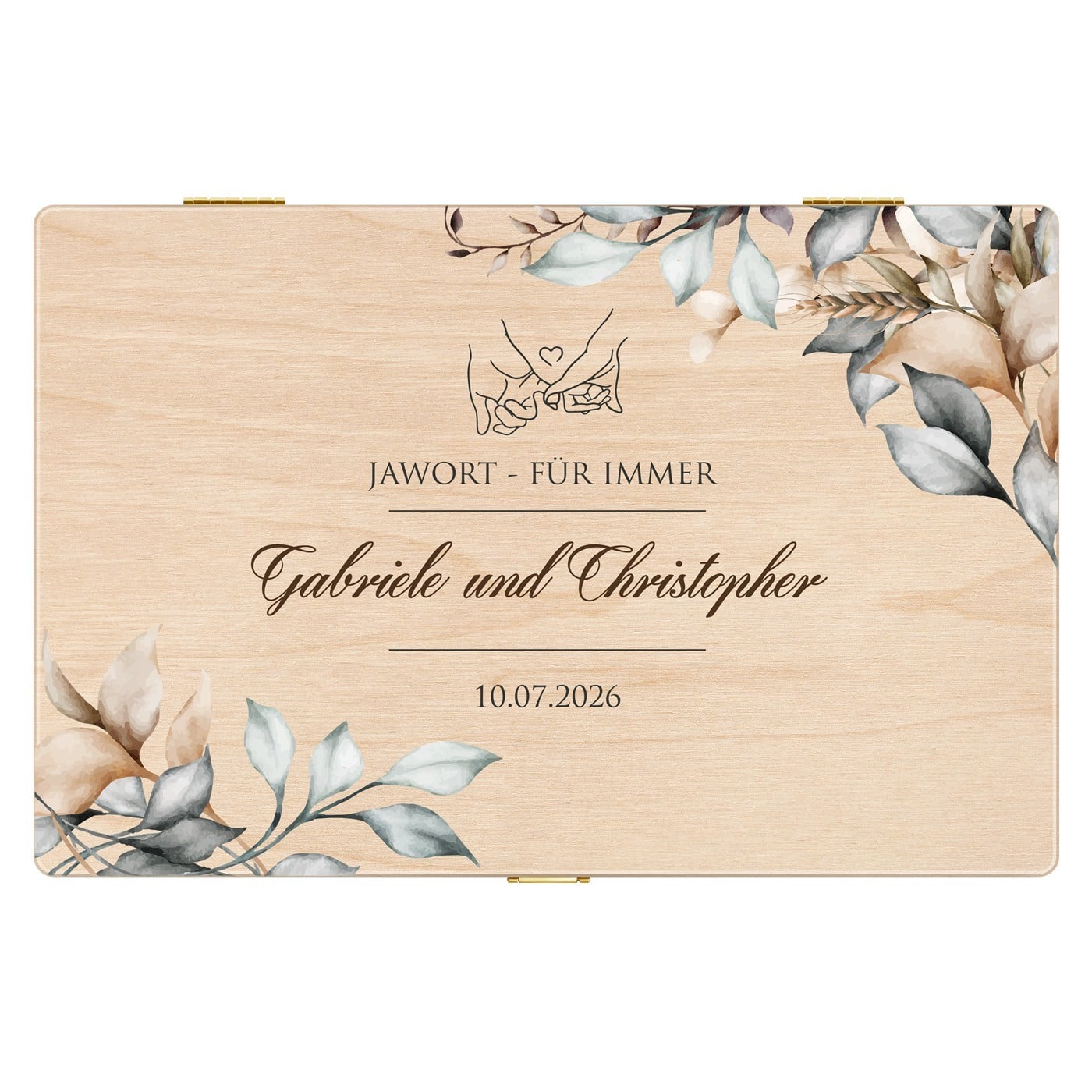 Kreative Erinnerungsbox aus Kiefernholz mit Aufruck für ein Herzenspaar zur Hochzeit, zum Hochzeitstag