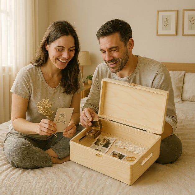 XL Kreative Erinnerungsbox aus Kiefernholz mit Aufruck für ein Hochzeitspaar