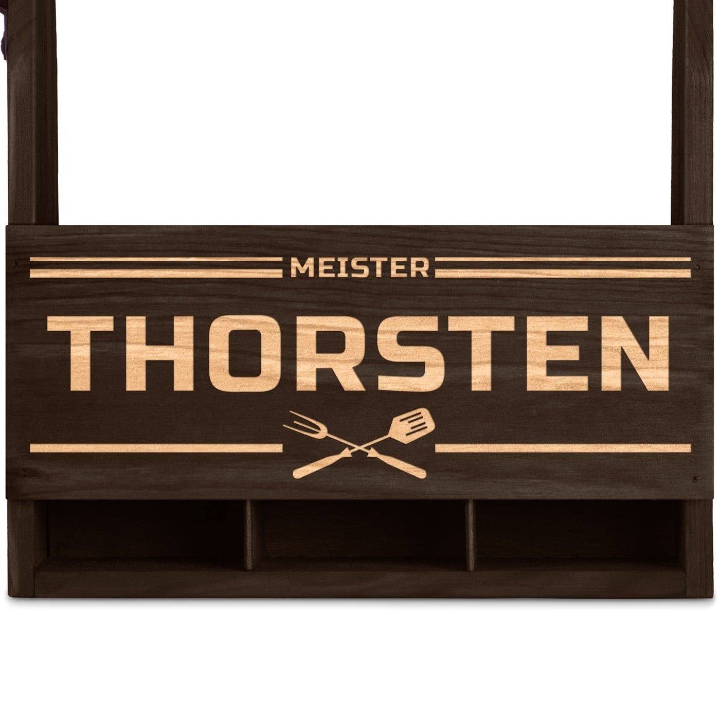 Bierträger aus Holz mit Flaschenöffner und Gravur für einen Partygänger