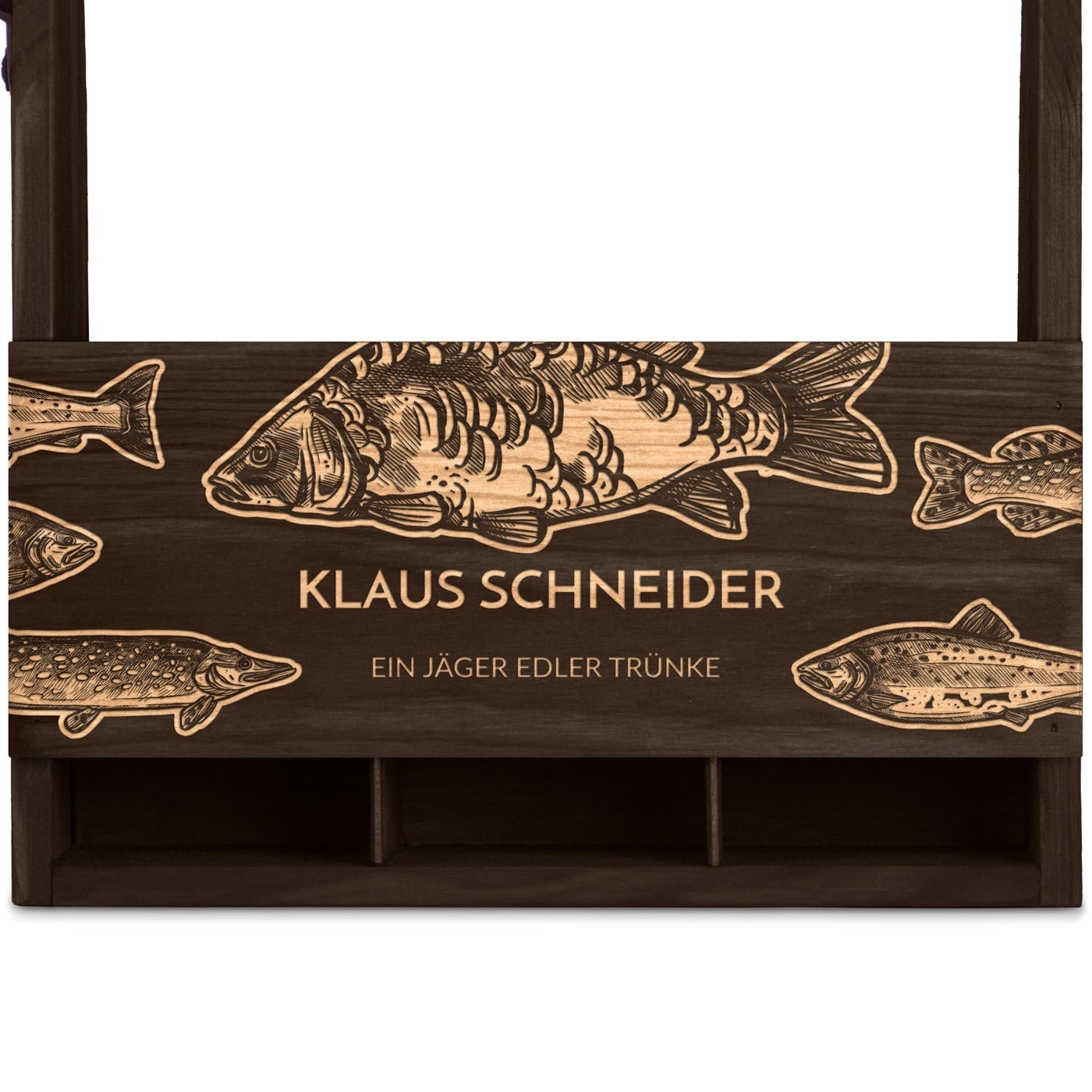 Bierträger aus Holz mit Flaschenöffner und Gravur für einen Angler