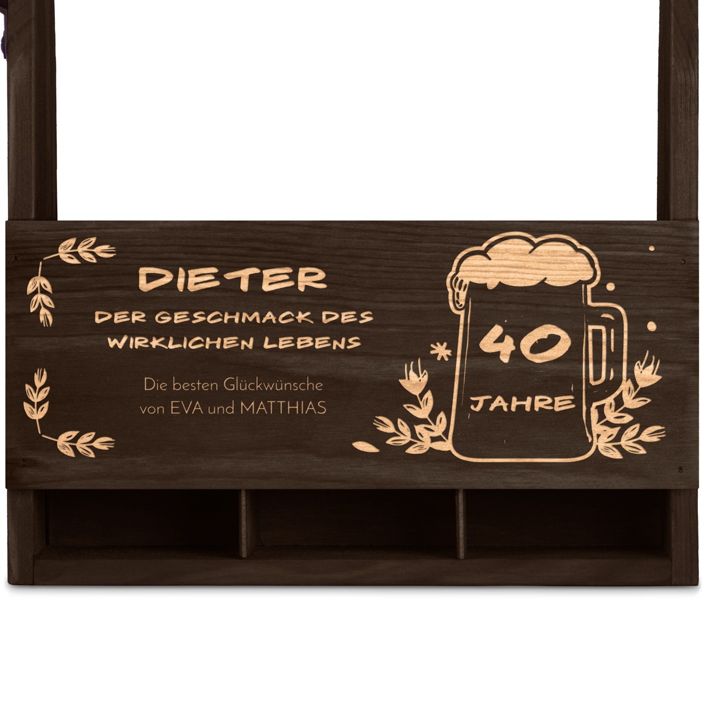 Bierträger aus Holz mit Flaschenöffner und Gravur für ihn zum 40. Geburtstag