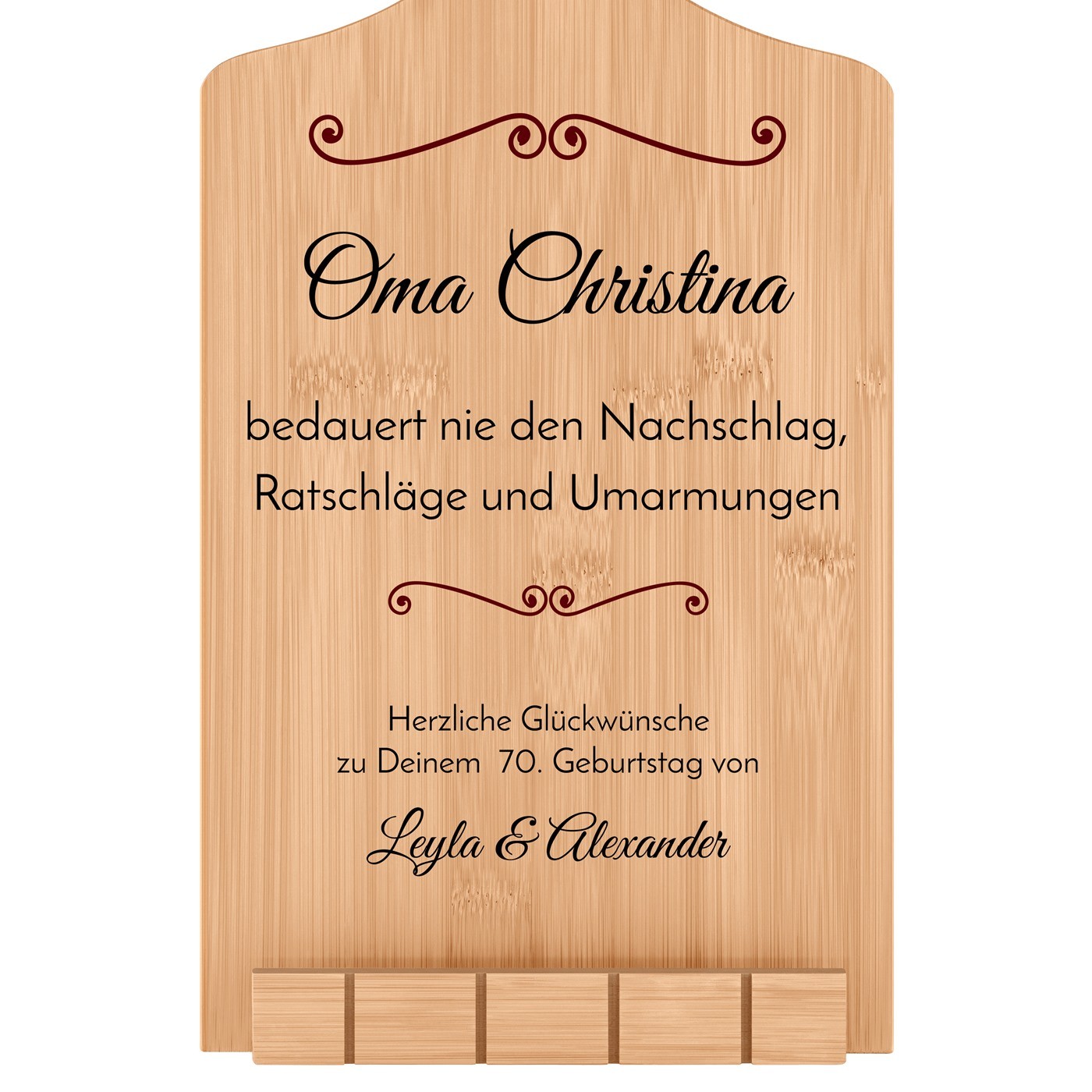 Buchständer in Form eines Küchenbretts mit Aufdruck für Oma zum 70. Geburtstag