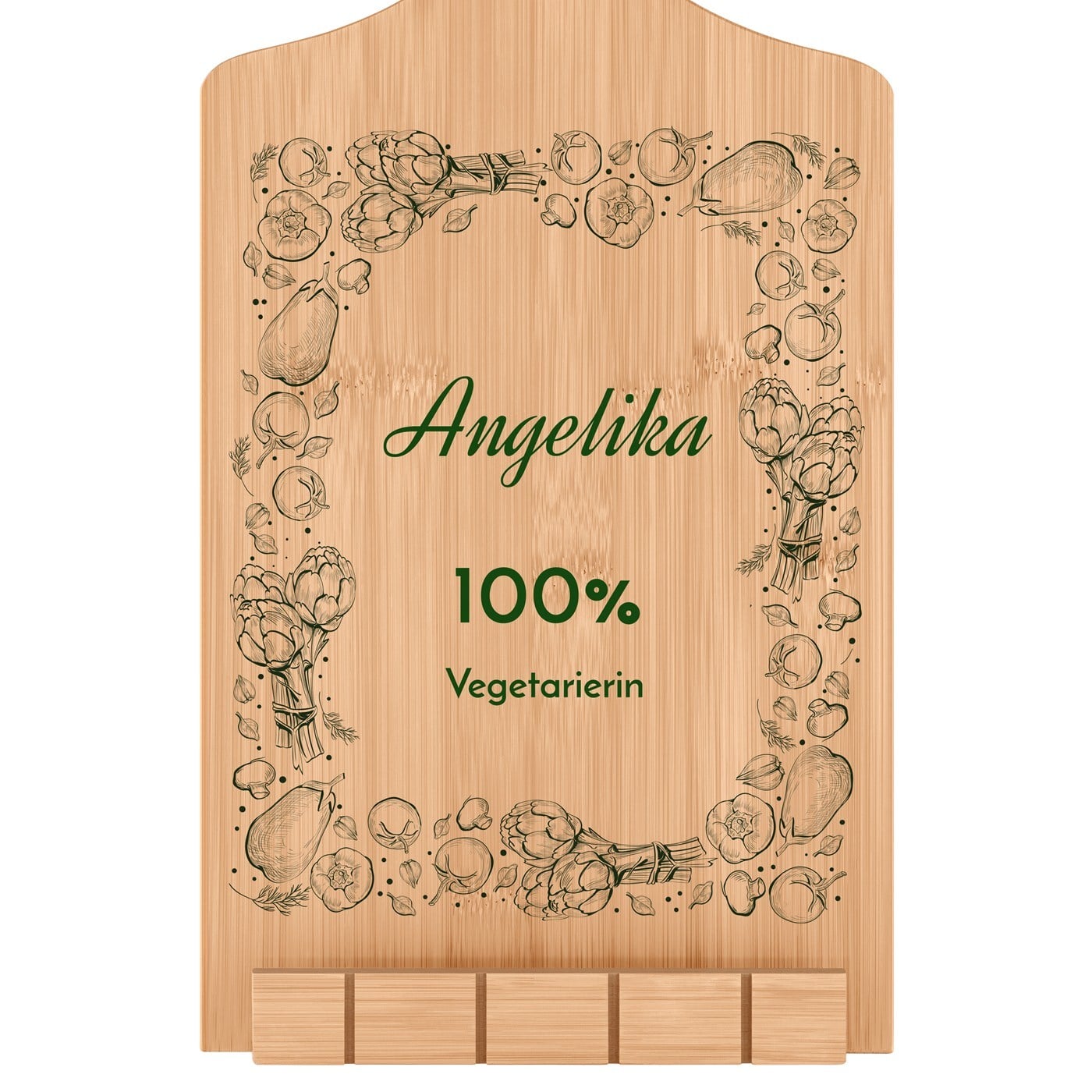 Buchständer in Form eines Küchenbretts mit Aufdruck für eine Vegetarierin