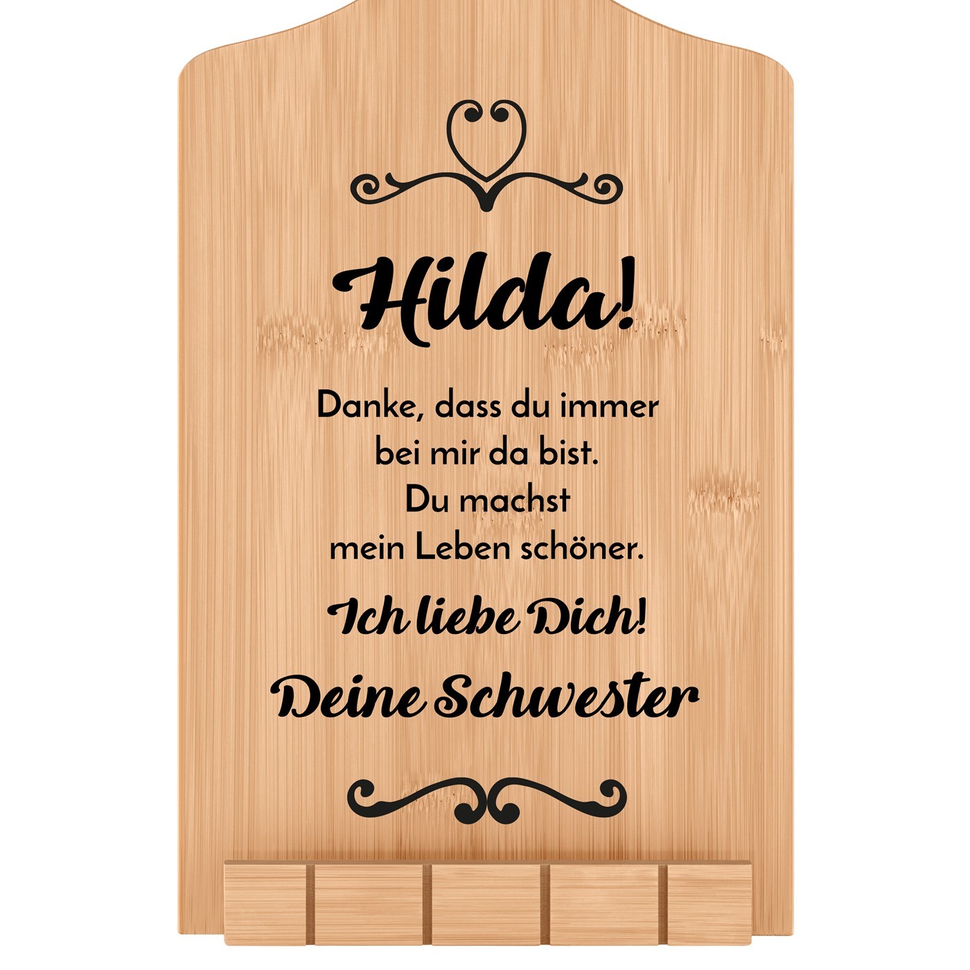 Buchständer in Form eines Küchenbretts mit Aufdruck für Ihre Schwester als Hochzeits-Dankeschön