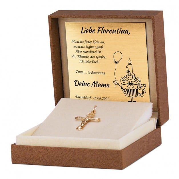 Durchbrochener Kreuzanhänger mit Jesus Christus aus 333er Gold in exklusiver Geschenkbox mit Gravur