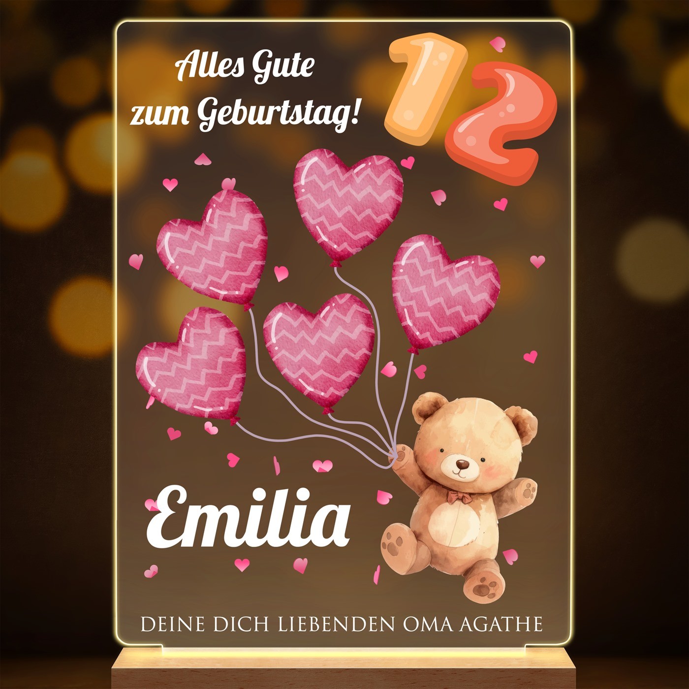 Beleuchteter LED-Rahmen mit Holzständer Größe L Geldgeschenk zum Geburtstag Jubiläum Teddybär