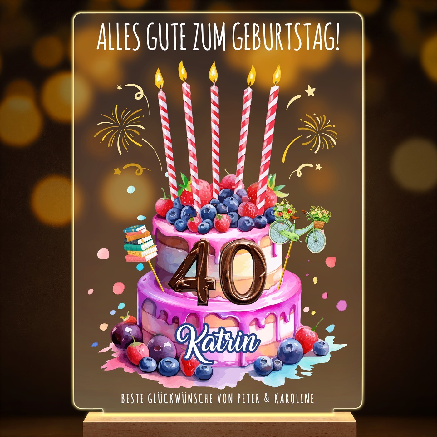 Beleuchteter LED-Rahmen mit eigenen Fotos und Holzständer Größe XL Geldgeschenk zum Geburtstag Torte