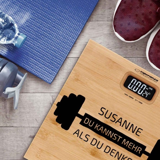 Digitale Personenwaage aus Bambus mit Aufdruck für eine Sportsfrau