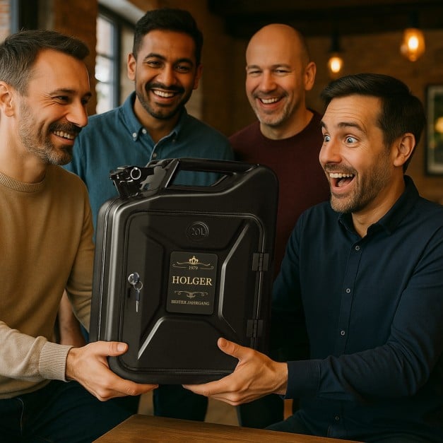 Schwarzer Minibar-Kanister mit Ausrüstung und Gravur für ihn zum Geburtstag