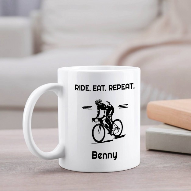 Kaffeebecher mit Aufdruck Weiß/Glänzend für einen Radfahrer zum Geburtstag