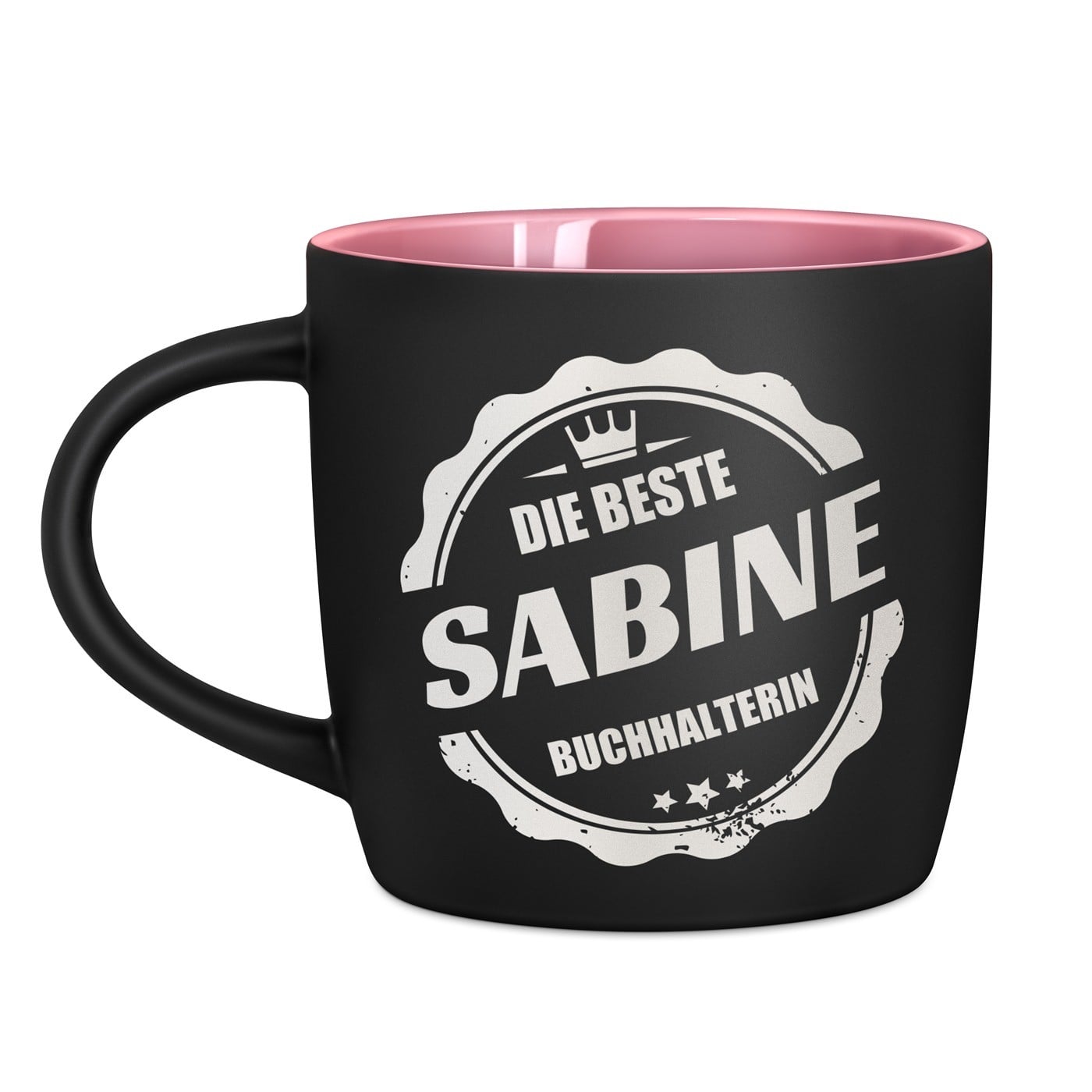 Keramikbecher mit Gravur Schwarz/Matt und Pink für die Buchhalterin Arbeitskollegin