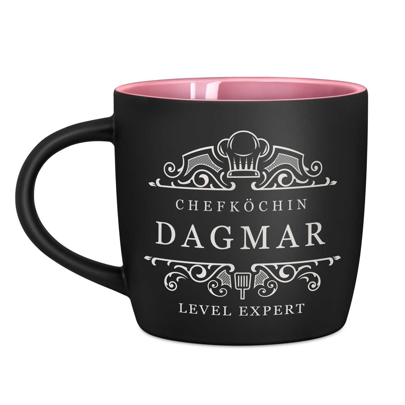 Keramikbecher mit Gravur Schwarz/Matt und Pink für Ihre Mama eine Küchenchefin