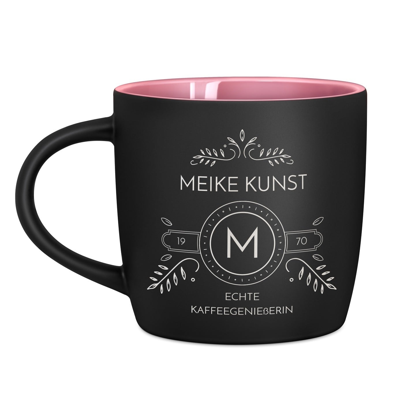 Keramikbecher mit Gravur Schwarz/Matt und Pink für eine Kaffeeliebhaberin zum Geburtstag