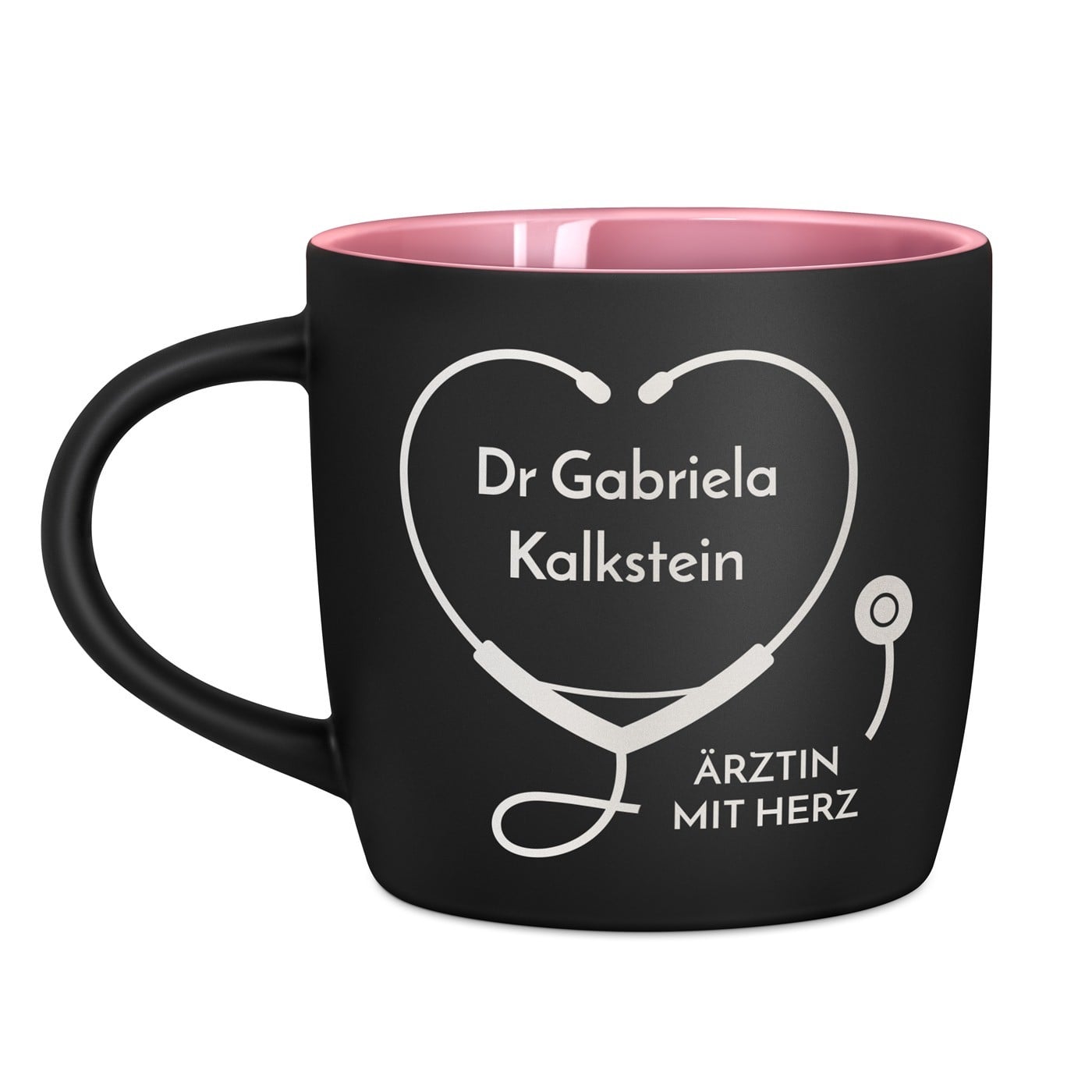 Keramikbecher mit Gravur Schwarz/Matt und Pink für eine Ärztin