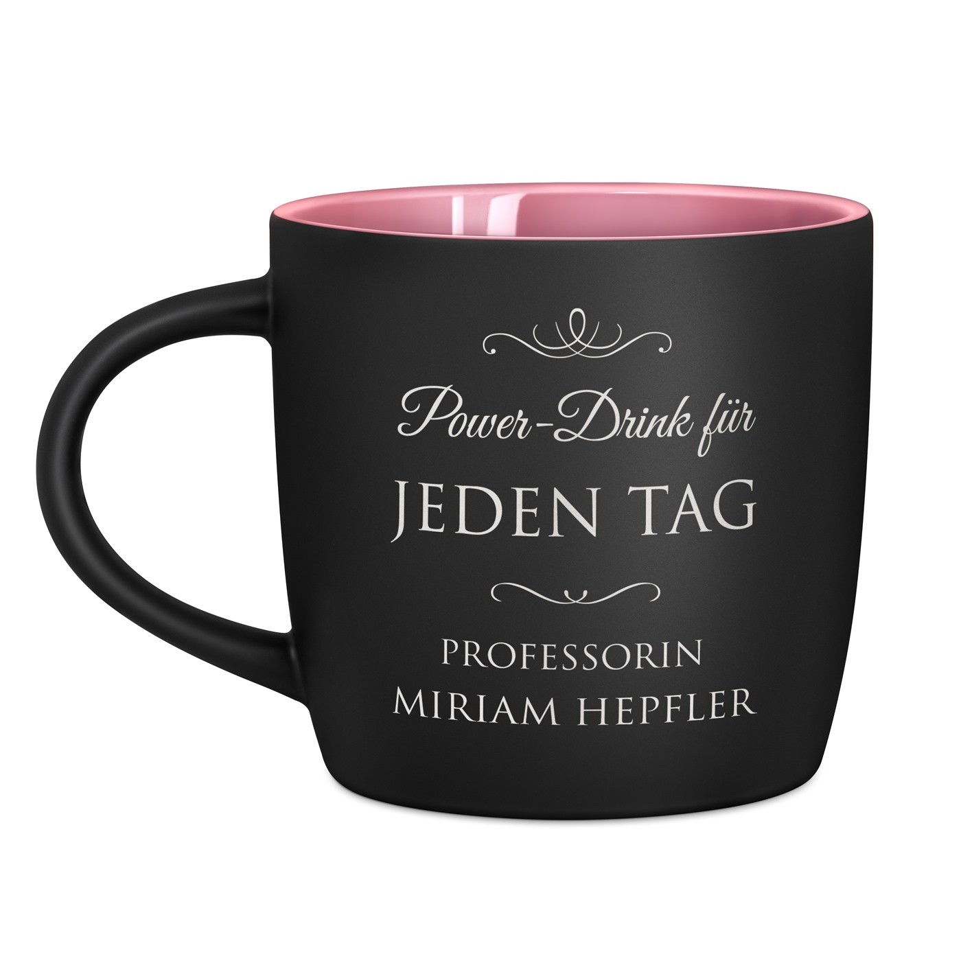 Keramikbecher mit Gravur Schwarz/Matt und Pink für eine Professorin
