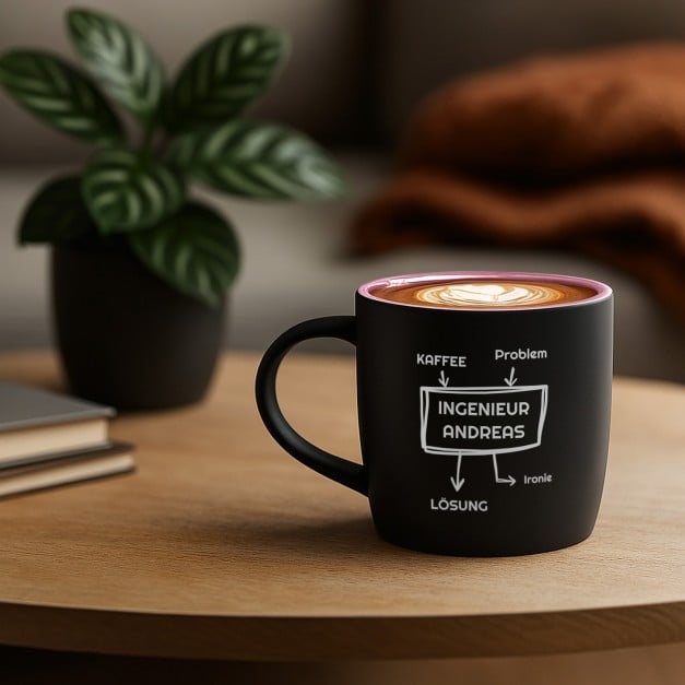 Keramikbecher mit Gravur Schwarz/Matt und Pink für eine Ingenieurin