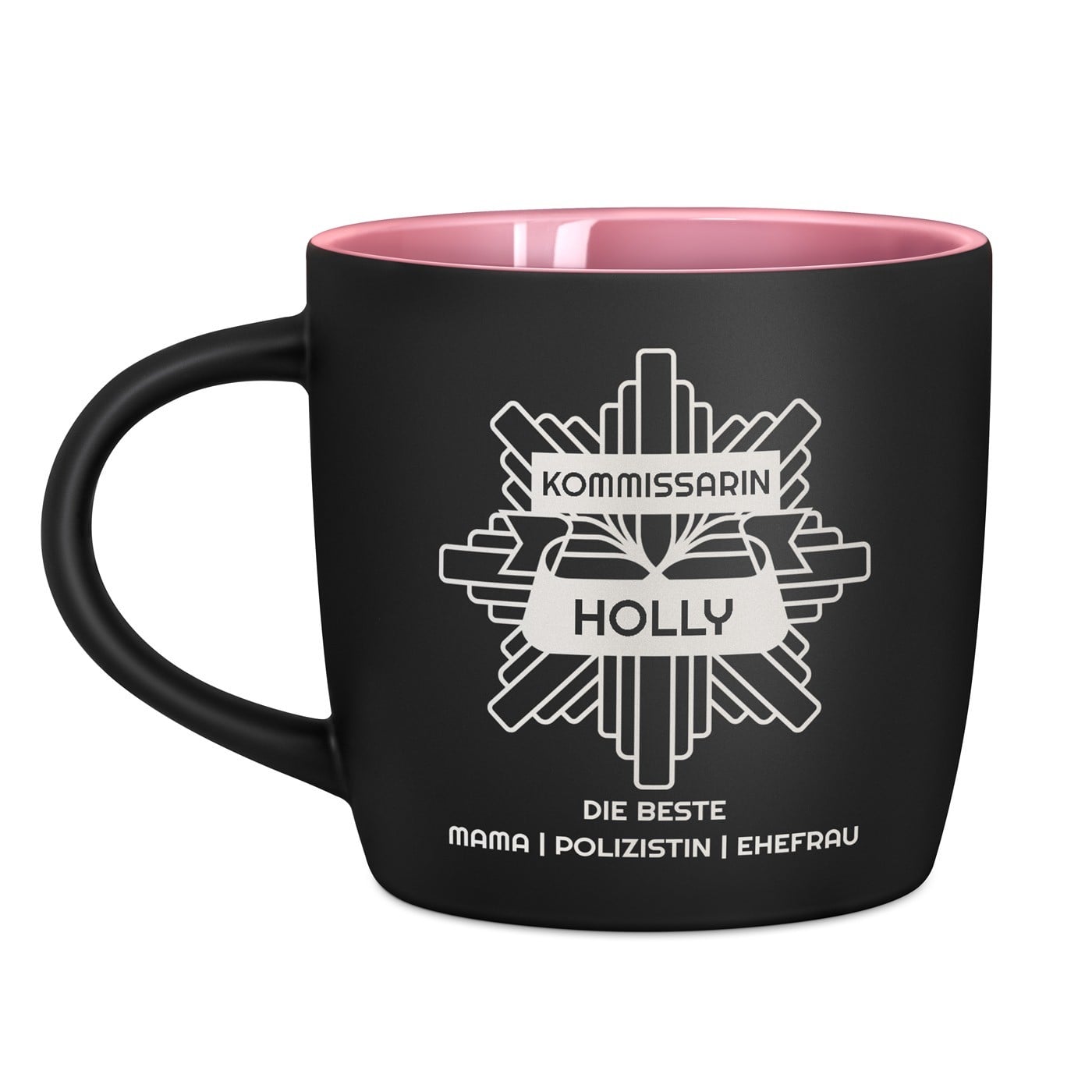 Keramikbecher mit Gravur Schwarz/Matt und Pink für eine Polizistin