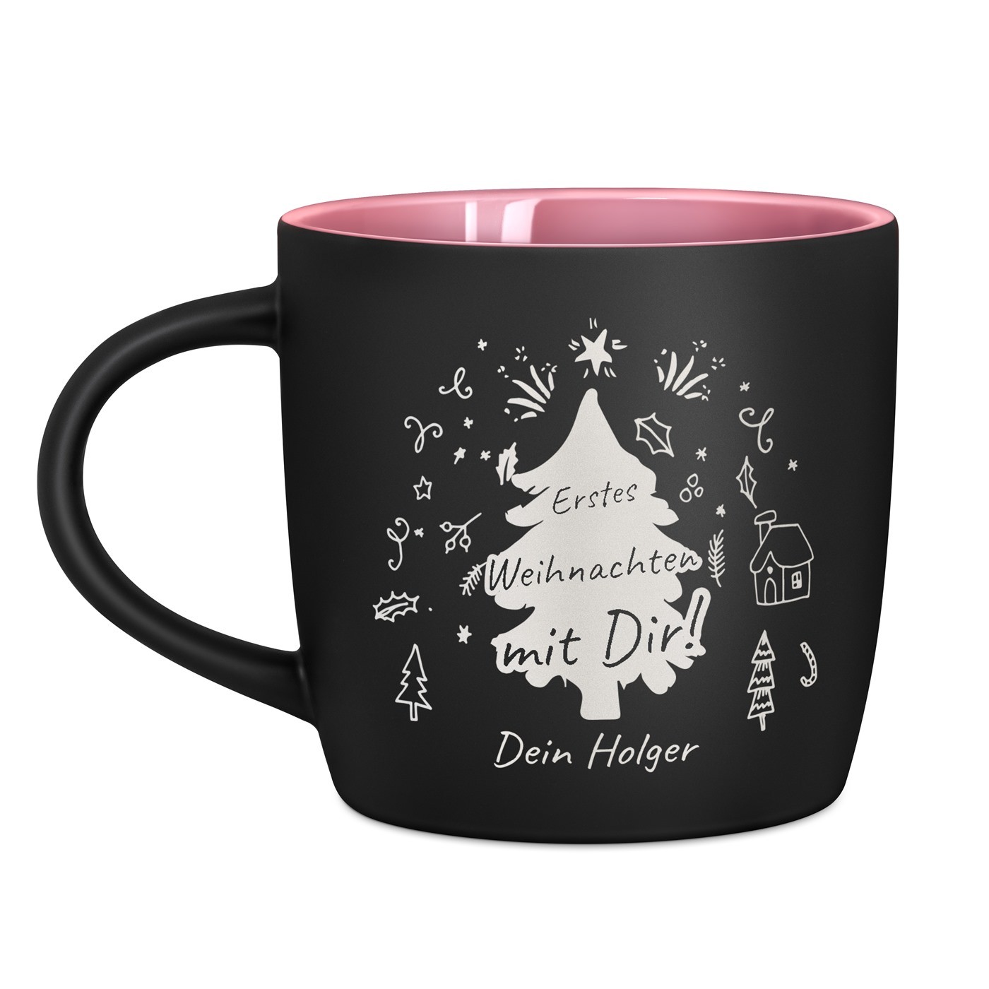 Keramikbecher mit Gravur Schwarz/Matt und Pink für Ihre Ehefrau zu Weihnachten