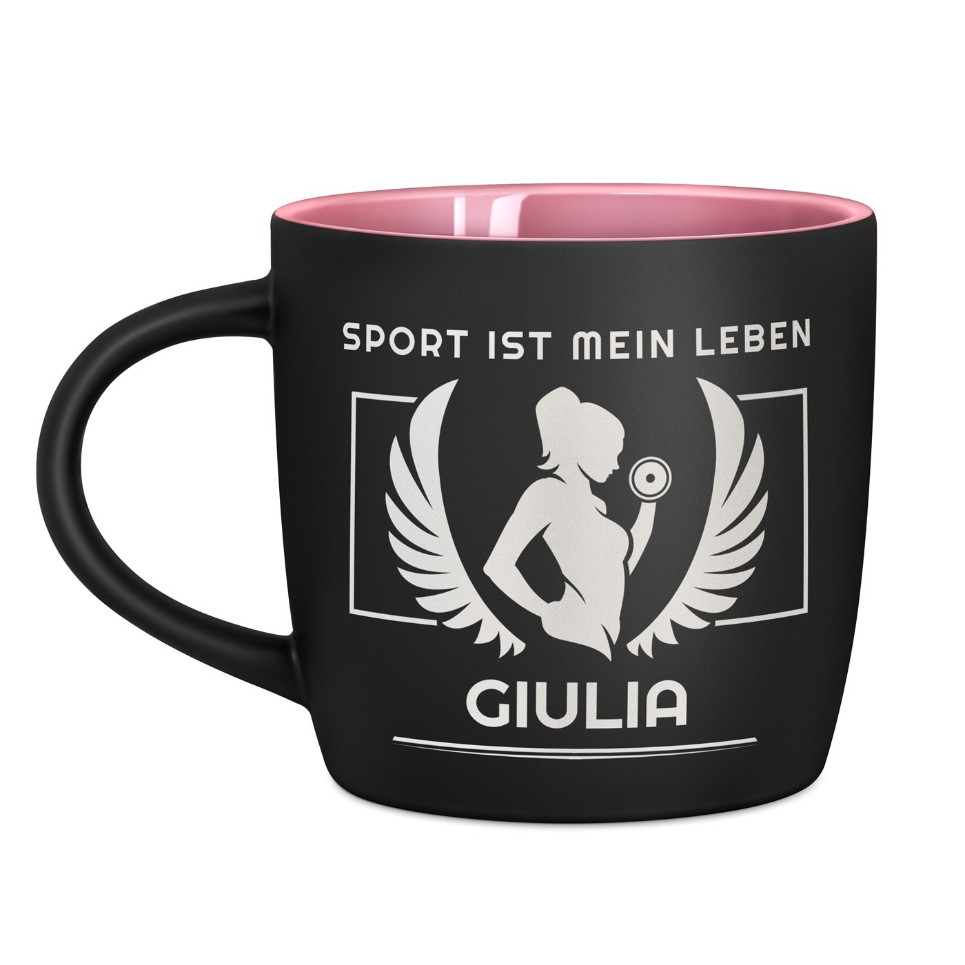 Keramikbecher mit Gravur Schwarz/Matt und Pink für eine Sportlerin zum Geburtstag