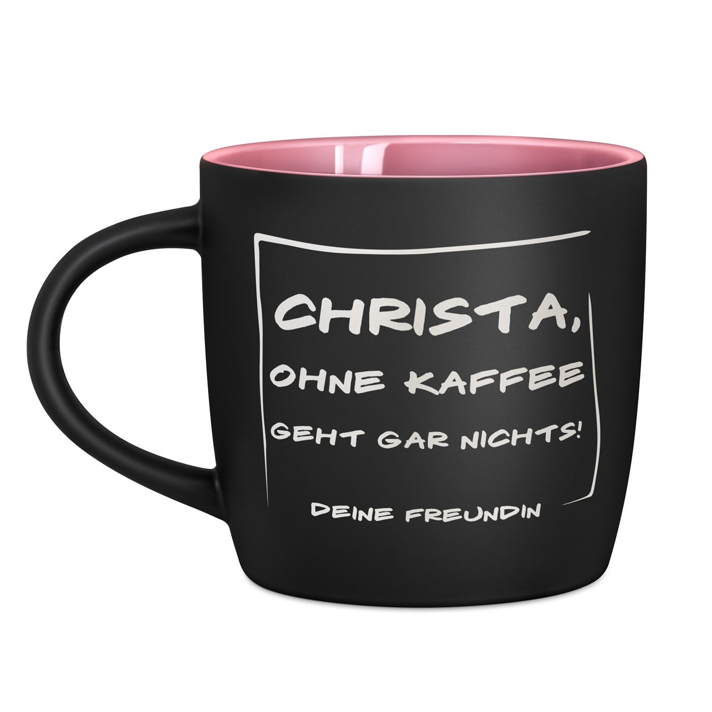 Keramikbecher mit Gravur Schwarz/Matt und Pink für eine Teamkollegin