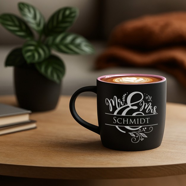 Keramikbecher mit Gravur Schwarz/Matt und Pink für sie oder ihn zum Hochzeitstag