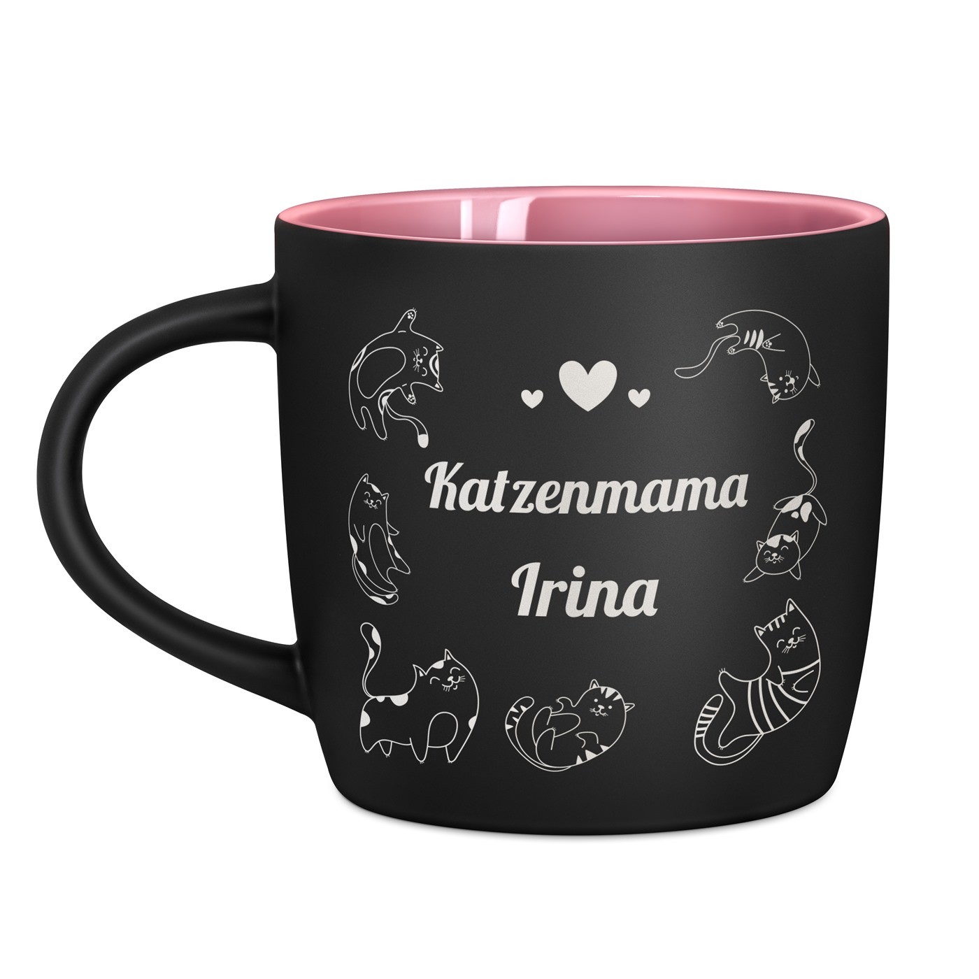 Keramikbecher mit Gravur Schwarz/Matt und Pink für eine Katzenliebhaberin zum Geburtstag