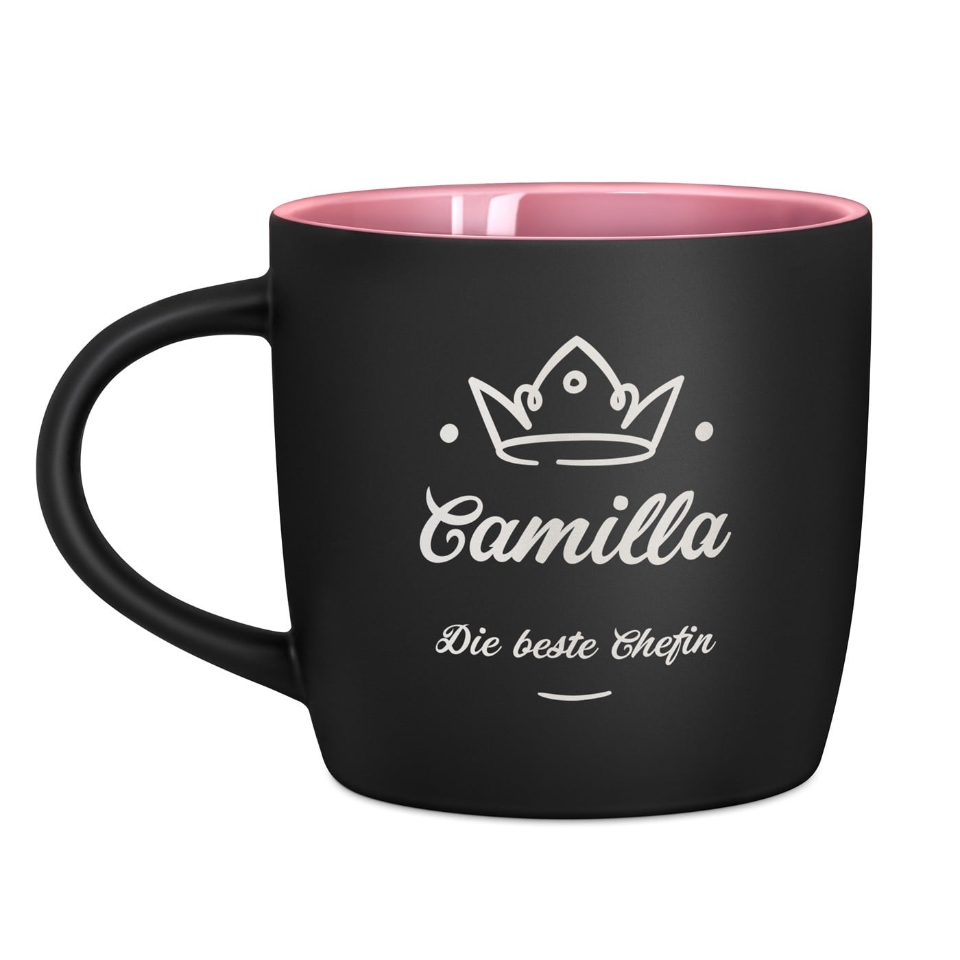 Keramikbecher mit Gravur Schwarz/Matt und Pink für Ihre Leiterin