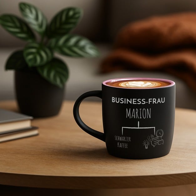 Keramikbecher mit Gravur Schwarz/Matt und Pink für eine Chefin zum Arbeitsjubiläum, Geburtstag