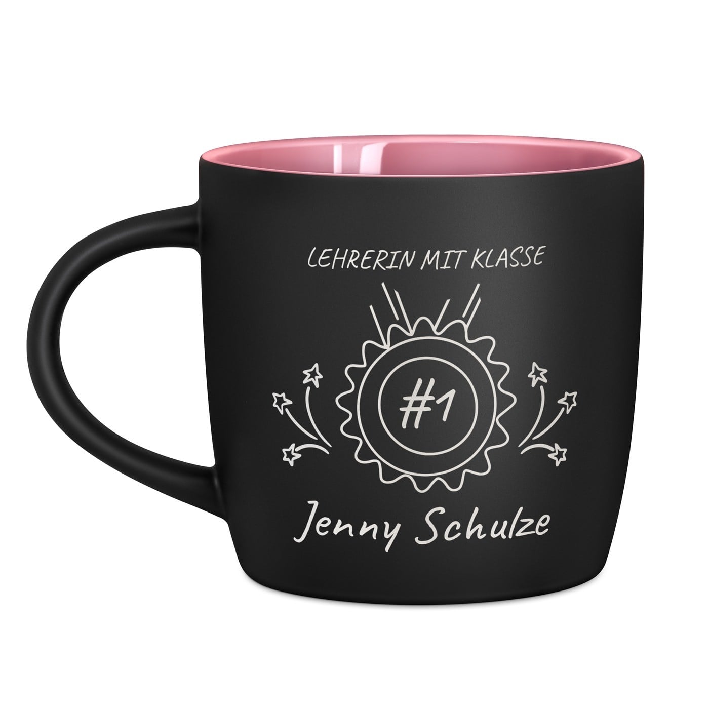 Keramikbecher mit Gravur Schwarz/Matt und Pink für eine Erzieherin Lehrerin