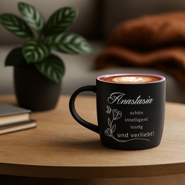 Keramikbecher mit Gravur Schwarz/Matt und Pink für Ihre Ehefrau Freundin zum Jubiläum Geburtstag