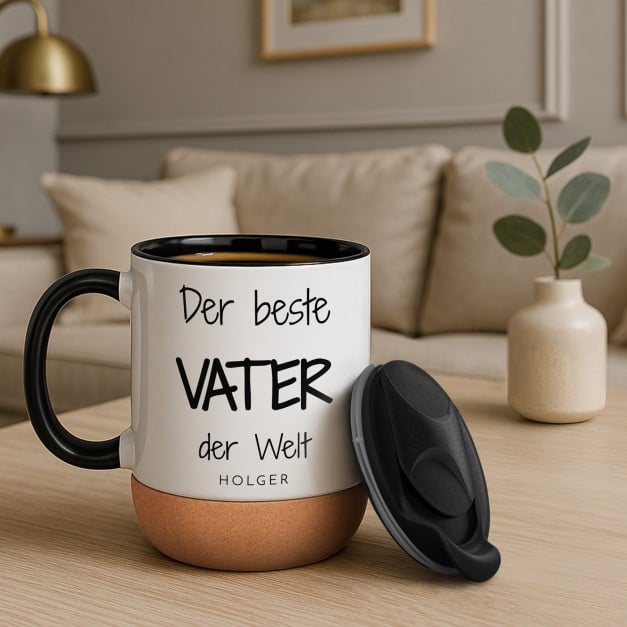 Kaffeebecher mit Aufdruck Weiß/Glänzend mit Korkboden für Ihren Papa zum Geburtstag