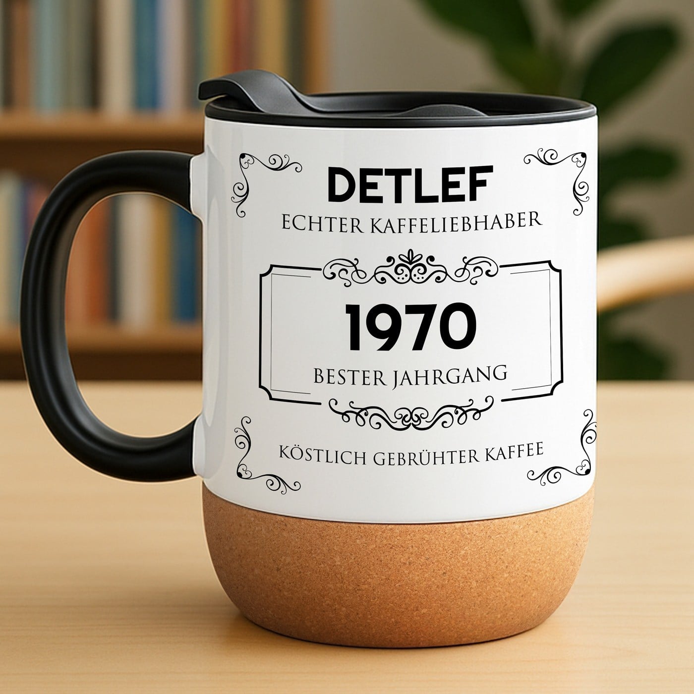 Kaffeebecher mit Aufdruck Weiß/Glänzend mit Korkboden für einen Kaffeeliebhaber zum Geburtstag