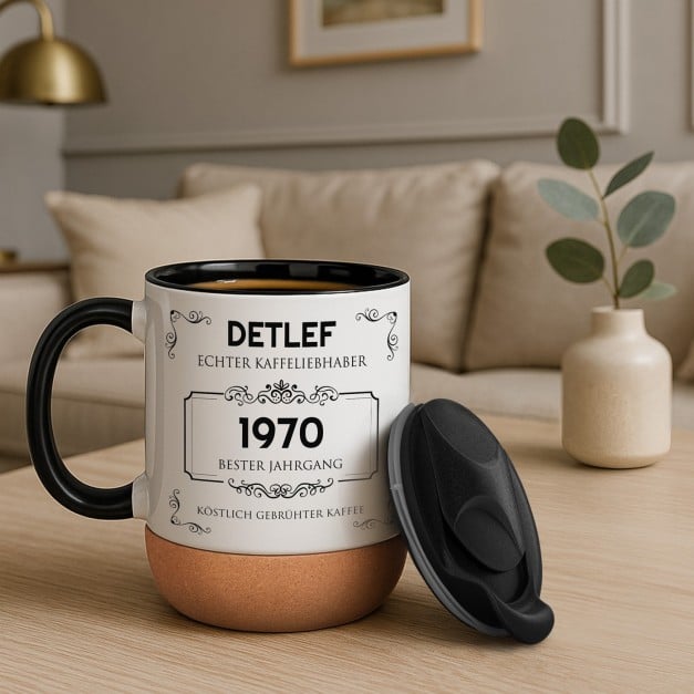 Kaffeebecher mit Aufdruck Weiß/Glänzend mit Korkboden für einen Kaffeeliebhaber zum Geburtstag