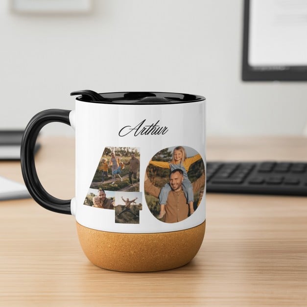 Kaffeebecher mit Foto Weiß/Glänzend mit Korkboden für ihn zum 40. Geburtstag