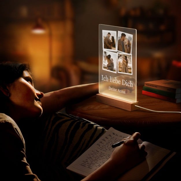 Beleuchteter LED-Rahmen mit eigenen Fotos und Holzständer Größe XL für ein Brautpaar zum Jahrestag zur Hochzeit Einweihung