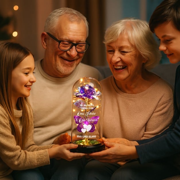 Ewige Rose in Glaskuppel mit LED-Lichtern mit Gravur für Ihre Oma und Ihren Opa