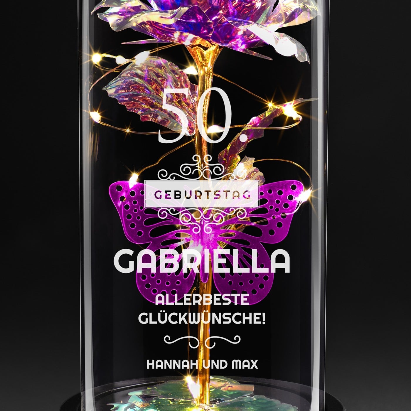 Ewige Rose in Glaskuppel mit LED-Lichtern mit Gravur für sie zum 50. Geburtstag