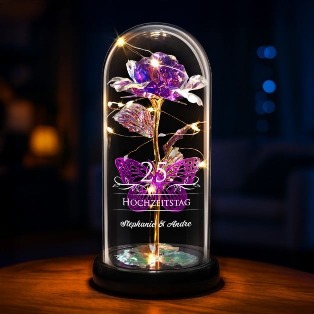 Ewige Rose in Glaskuppel mit LED-Lichtern mit Gravur für Ihre Eltern zum 25. Hochzeitstag