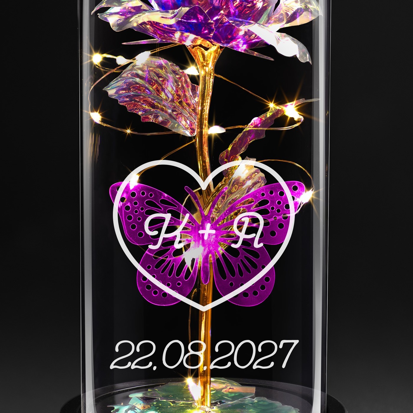 Ewige Rose in Glaskuppel mit LED-Lichtern mit Gravur für zum Jahrestag Valentinstag
