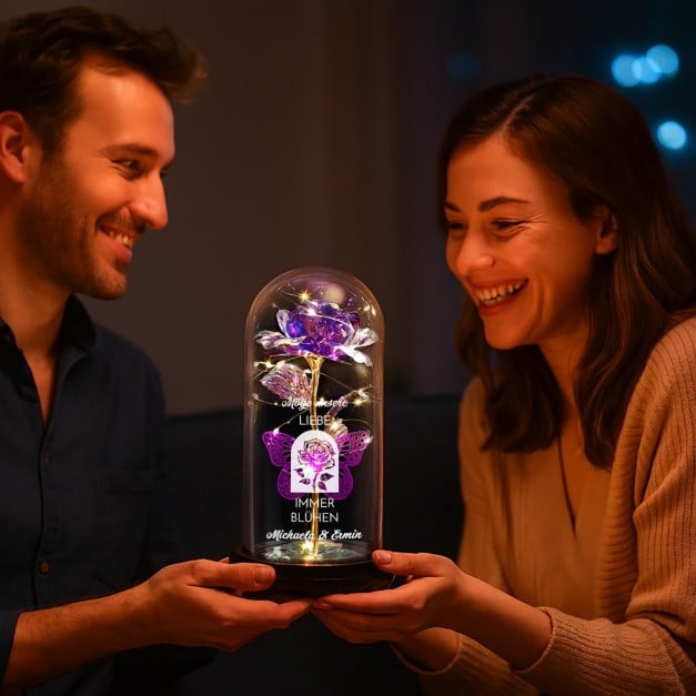 Ewige Rose in Glaskuppel mit LED-Lichtern mit Gravur für ein Paar Ihren Ehemann Ihre Ehefrau zum Hochzeitstag