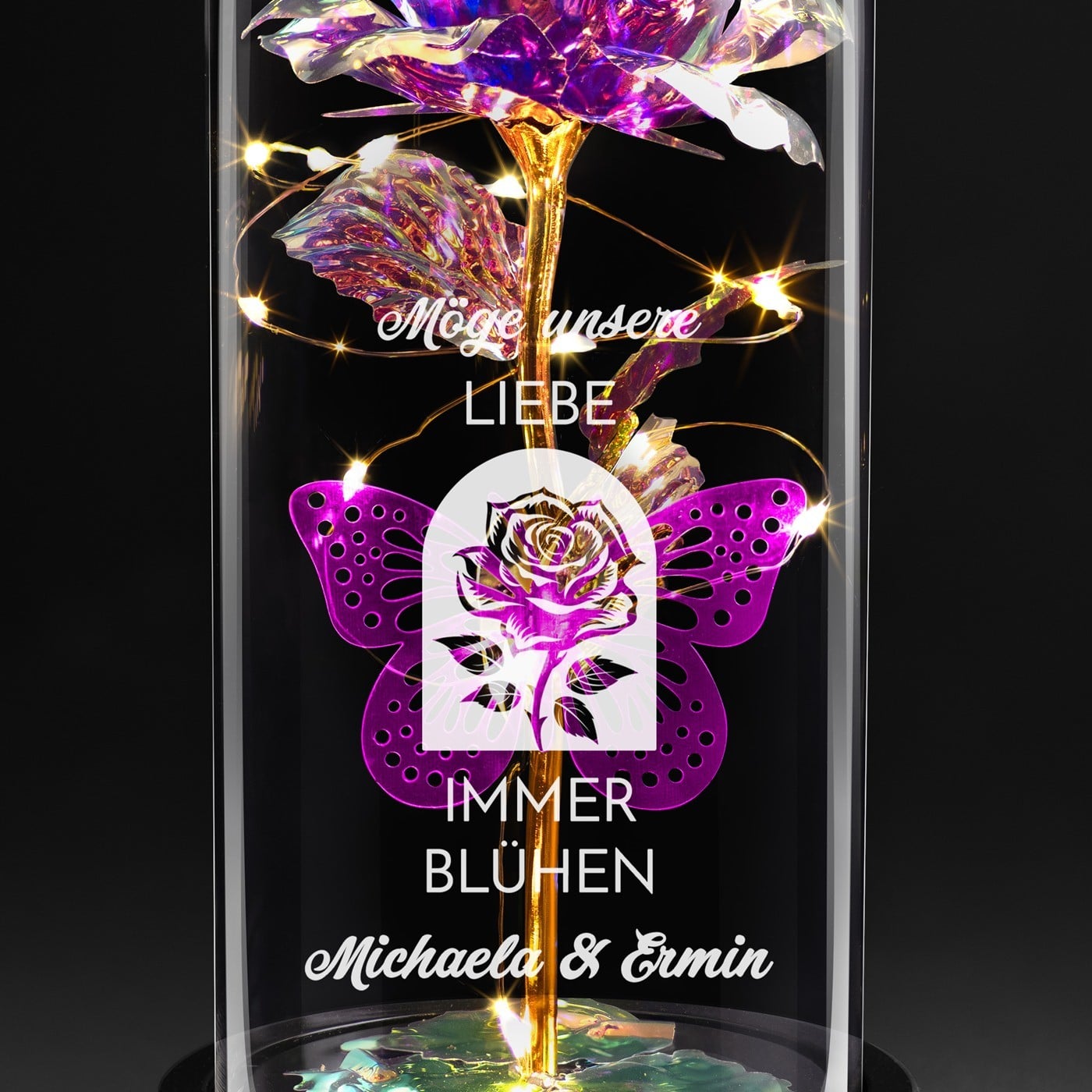 Ewige Rose in Glaskuppel mit LED-Lichtern mit Gravur für ein Paar Ihren Ehemann Ihre Ehefrau zum Hochzeitstag