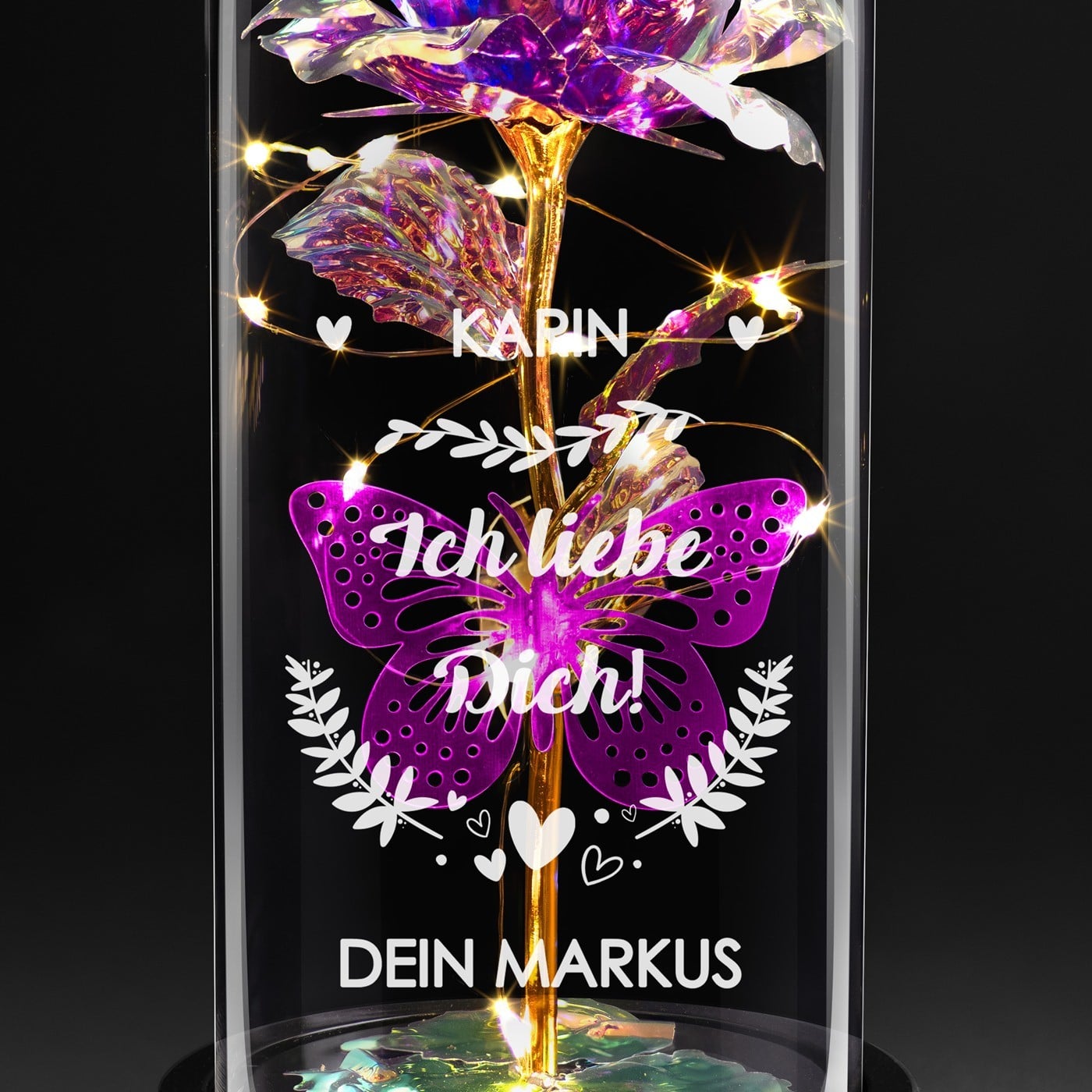 Ewige Rose in Glaskuppel mit LED-Lichtern mit Gravur für sie zum Geburtstag Jahrestag