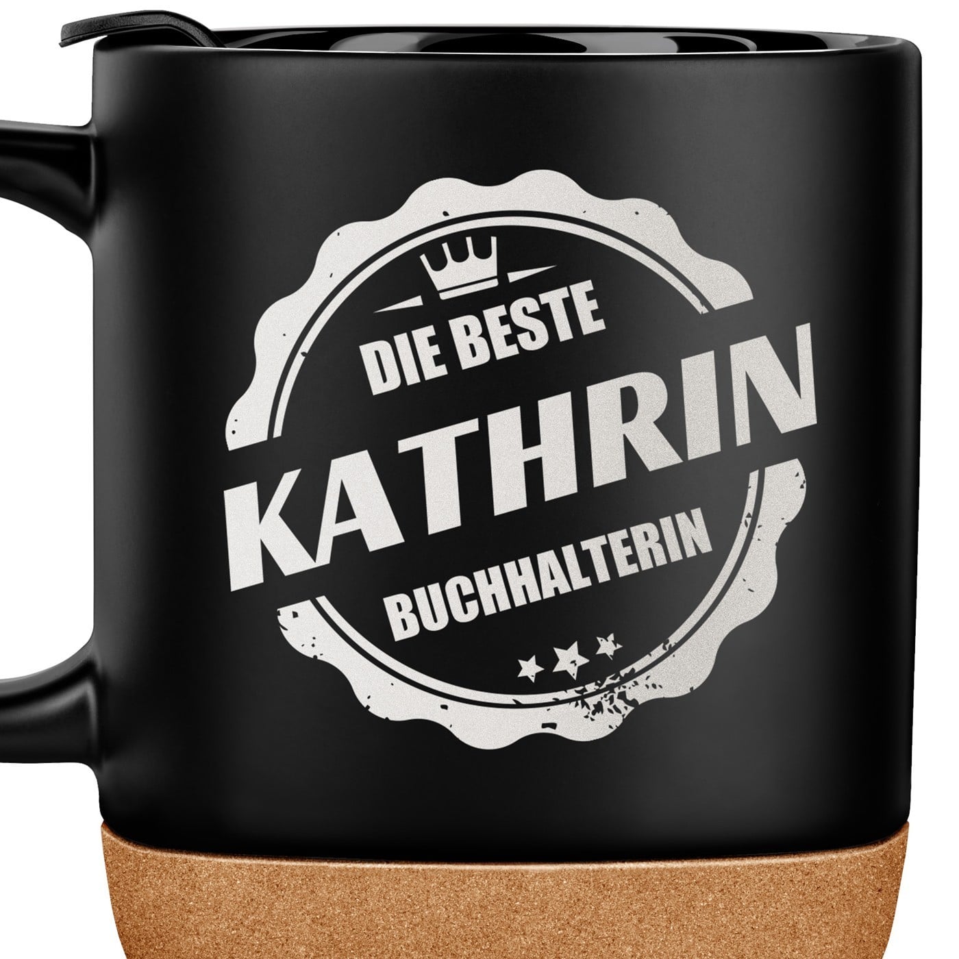 Kaffeebecher mit Aufdruck Schwarz/Matt mit Korkboden für eine Buchhalterin
